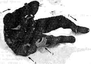 Фото 144. Подъем корпуса: 1 - поднять корпус; 2 - левую ногу вынести вперед по ходу переката; 3 - захватить правое колено; 4 - поднять корпус опорой на полусогнутый правый локоть